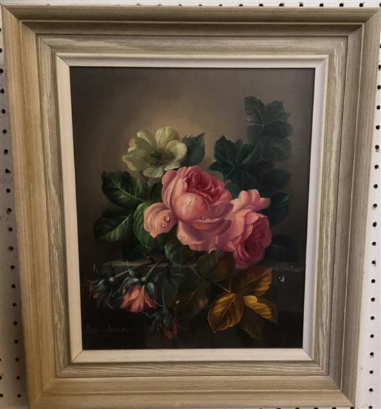 Lex Ander, oil on board, Still life of moss roses, Stacy-Marks label verso